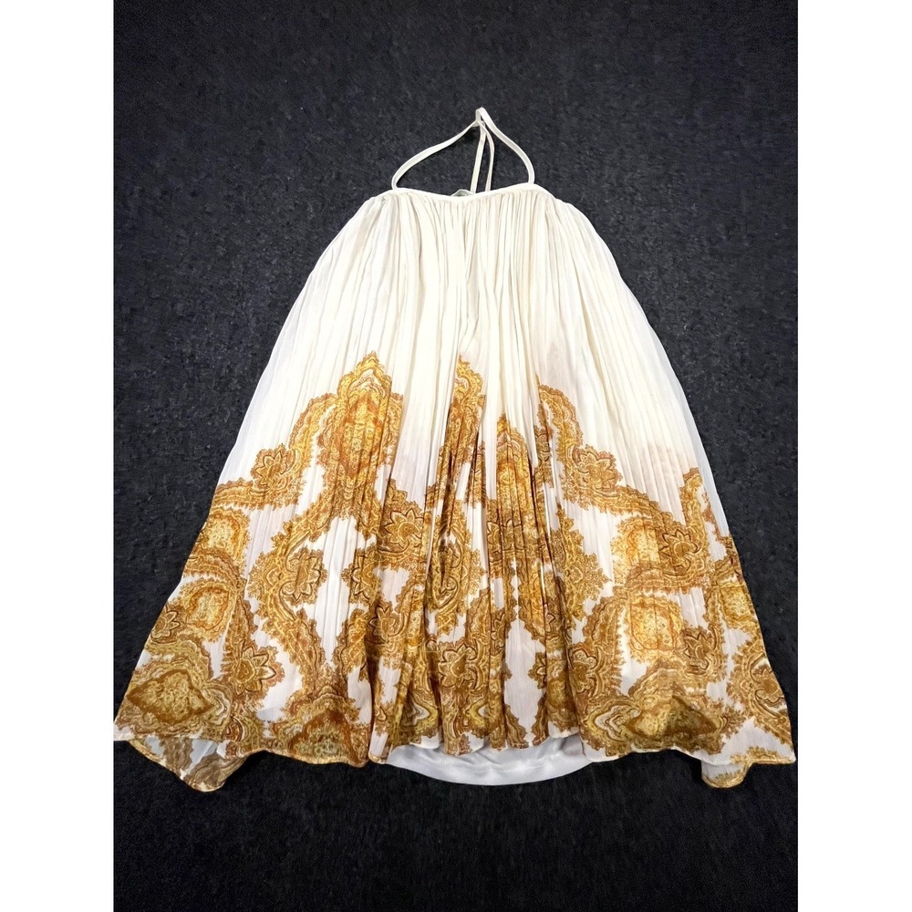 H&M Halter Maxi Dress‎ Womens Small White Gold Boho Pleated Paisley Modern Party